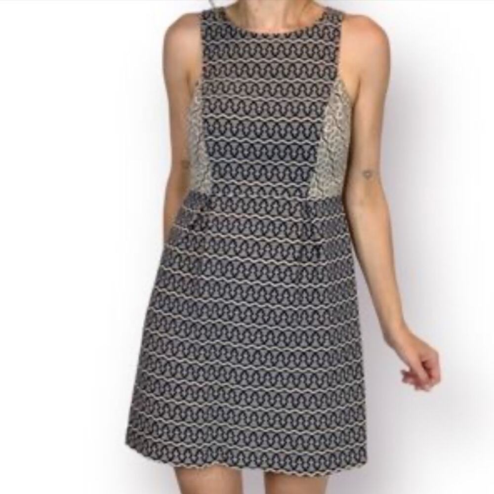 LOFT Black and Cream Patterned Dress